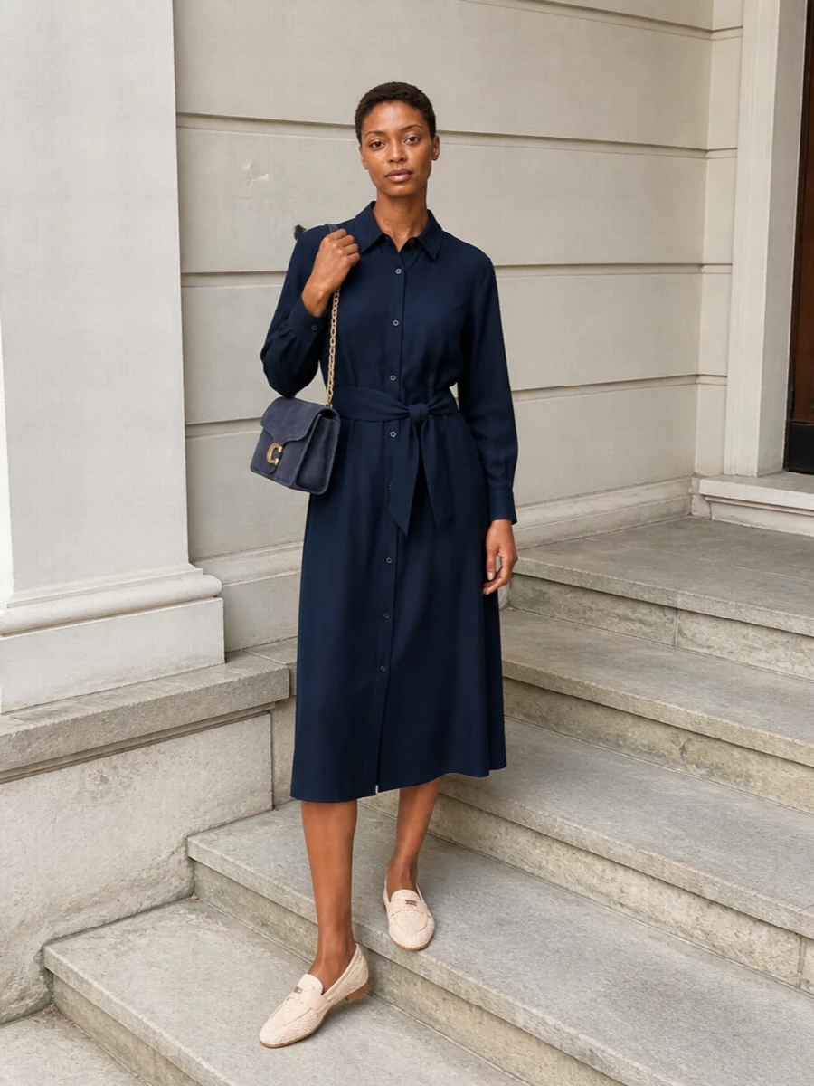 Choosing the navy shirt dress over separates keeps the palette tightly aligned with the bag and reinforces a calm, minimalist take on everyday polish. The structured suede shoulder bag becomes the focal texture against the clean cotton dress, while the woven loafers keep the mood soft and low-key rather than corporate. Together they read smart yet relaxed, ideal for city days that move between errands, desk and dinner without a change of outfit.