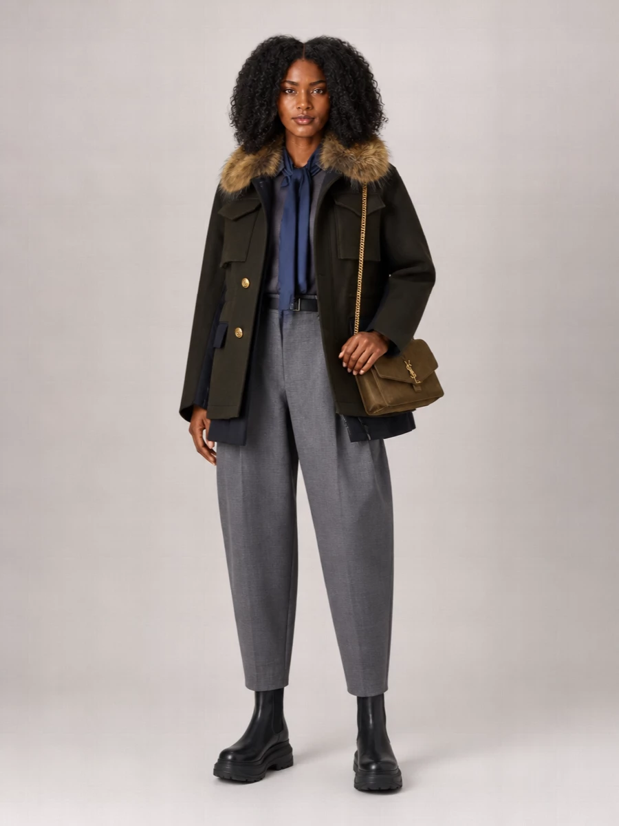 Sacai Wool Faux Fur Collar Military Coat