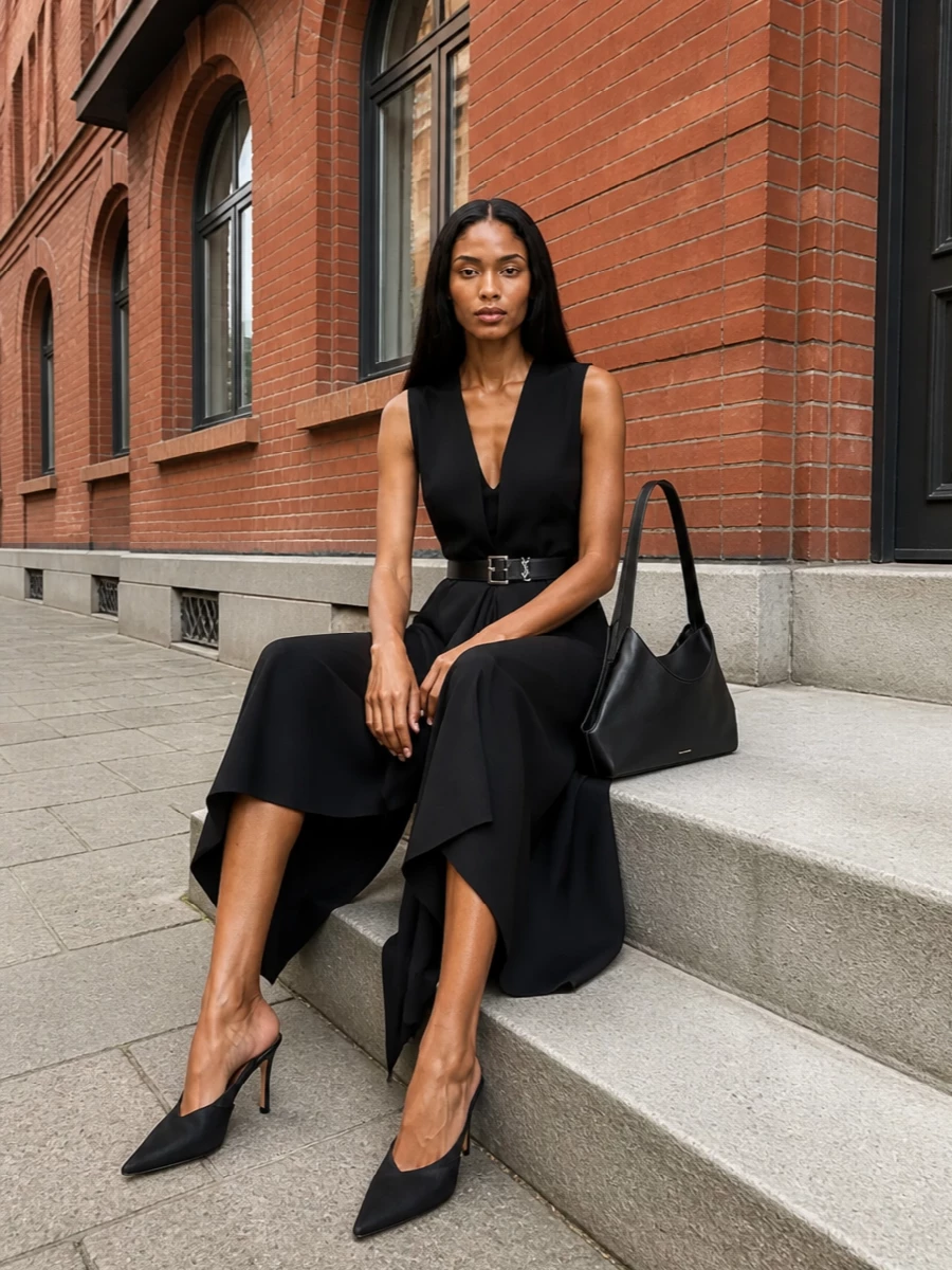 Sportmax black asymmetric midi dress outfit