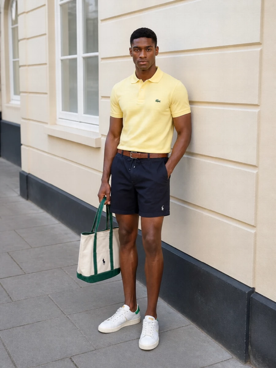 Lacoste yellow polo polo ralph lauren navy shorts