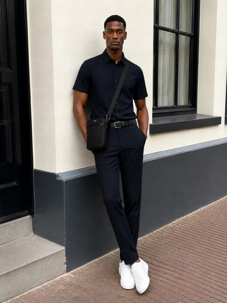 Deep navy tailored pieces and a crisp white sneaker create a calm, modern uniform that reads considered without feeling formal. The monochrome column through the torso and leg keeps the line clean, while the subtle accessories add structure and city practicality without distracting from the shirt’s quiet presence.