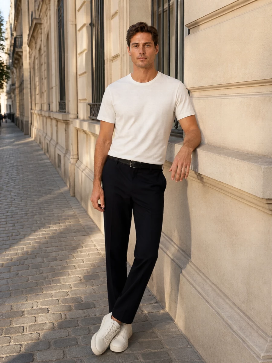 Herno white tshirt navy trouser margiela tote