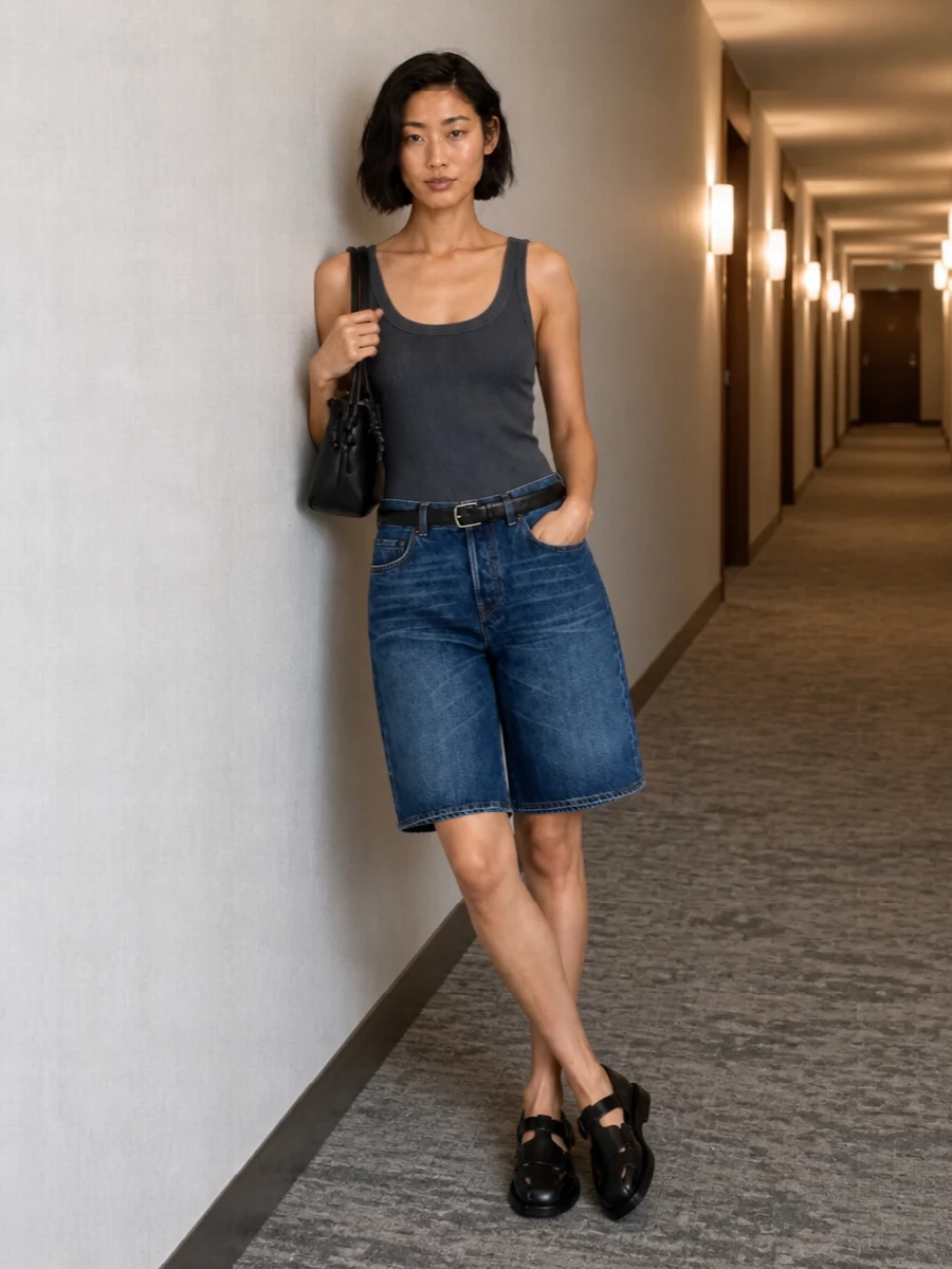Haikure denim bermuda hereu black flat sandals