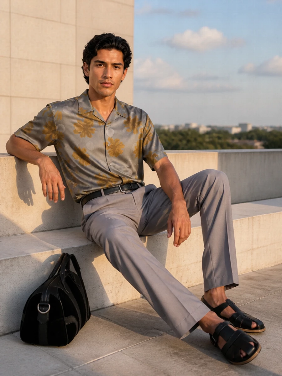 Softly structured and print-led, this pairing lets the floral shirt stay expressive while the dove grey pleated trouser keeps the line long and calm. The black slingback and sculpted top-handle bag ground the palette in the city, with a discreet belt sharpening the waist without breaking the relaxed drape.