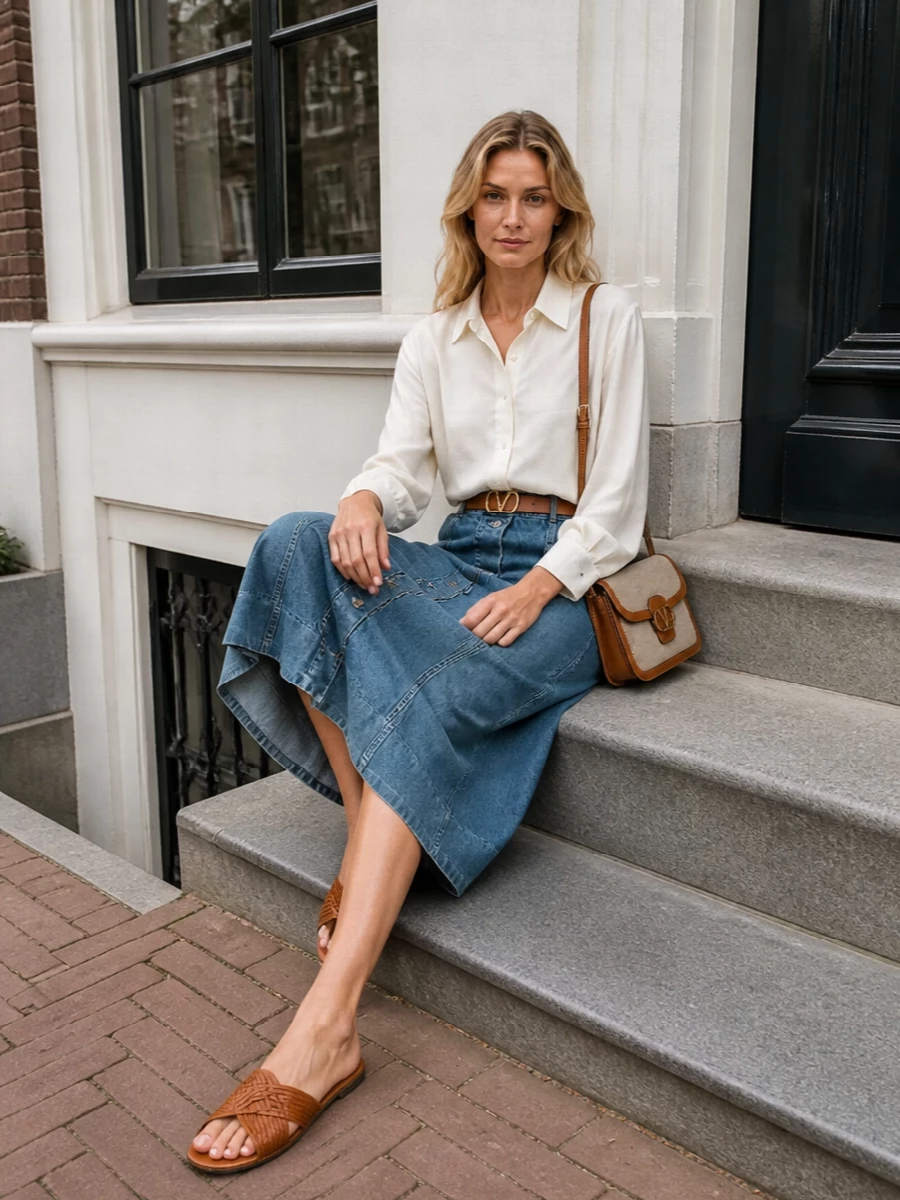 Valentino denim midi skirt ivory shirt outfit