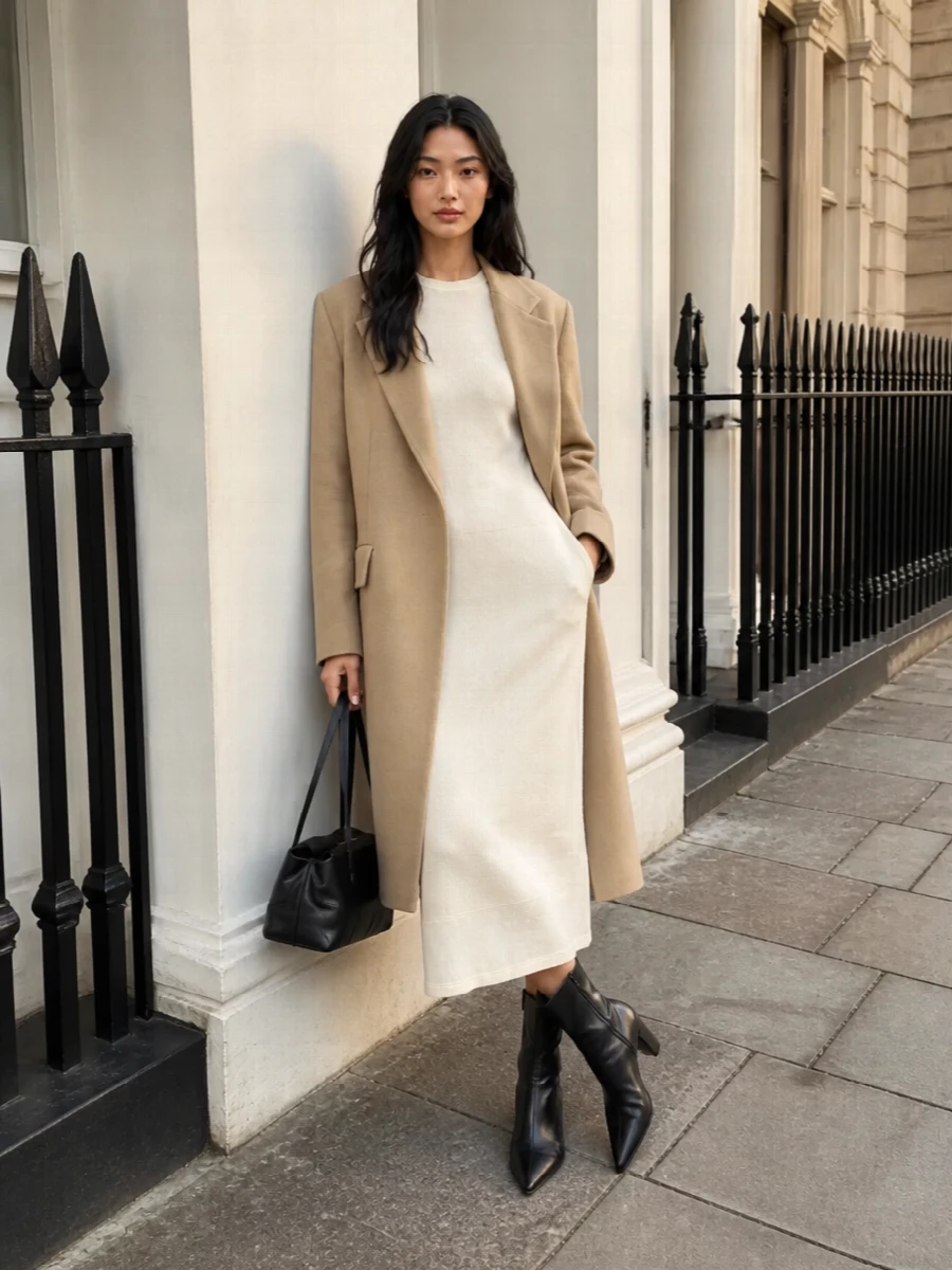 Jil sander camel coat ivory knit midi dress