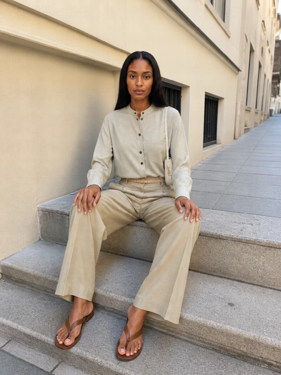 Yves salomon beige shirt wide leg trousers outfit