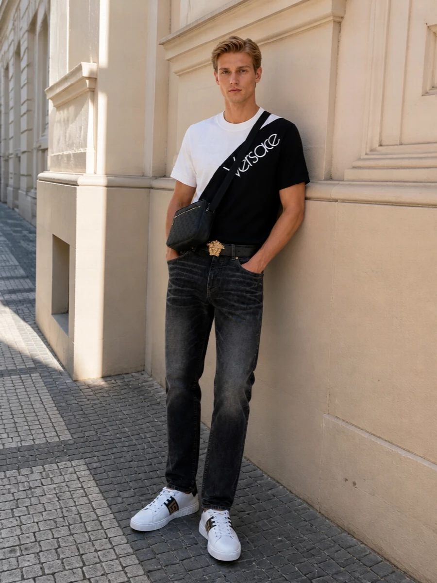 Versace mens black white graphic tee outfit