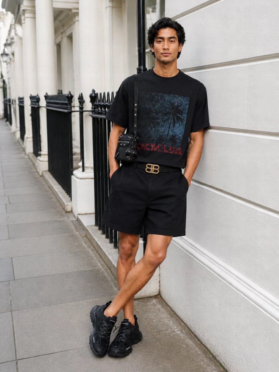 Balenciaga black swim shorts graphic tee sneakers