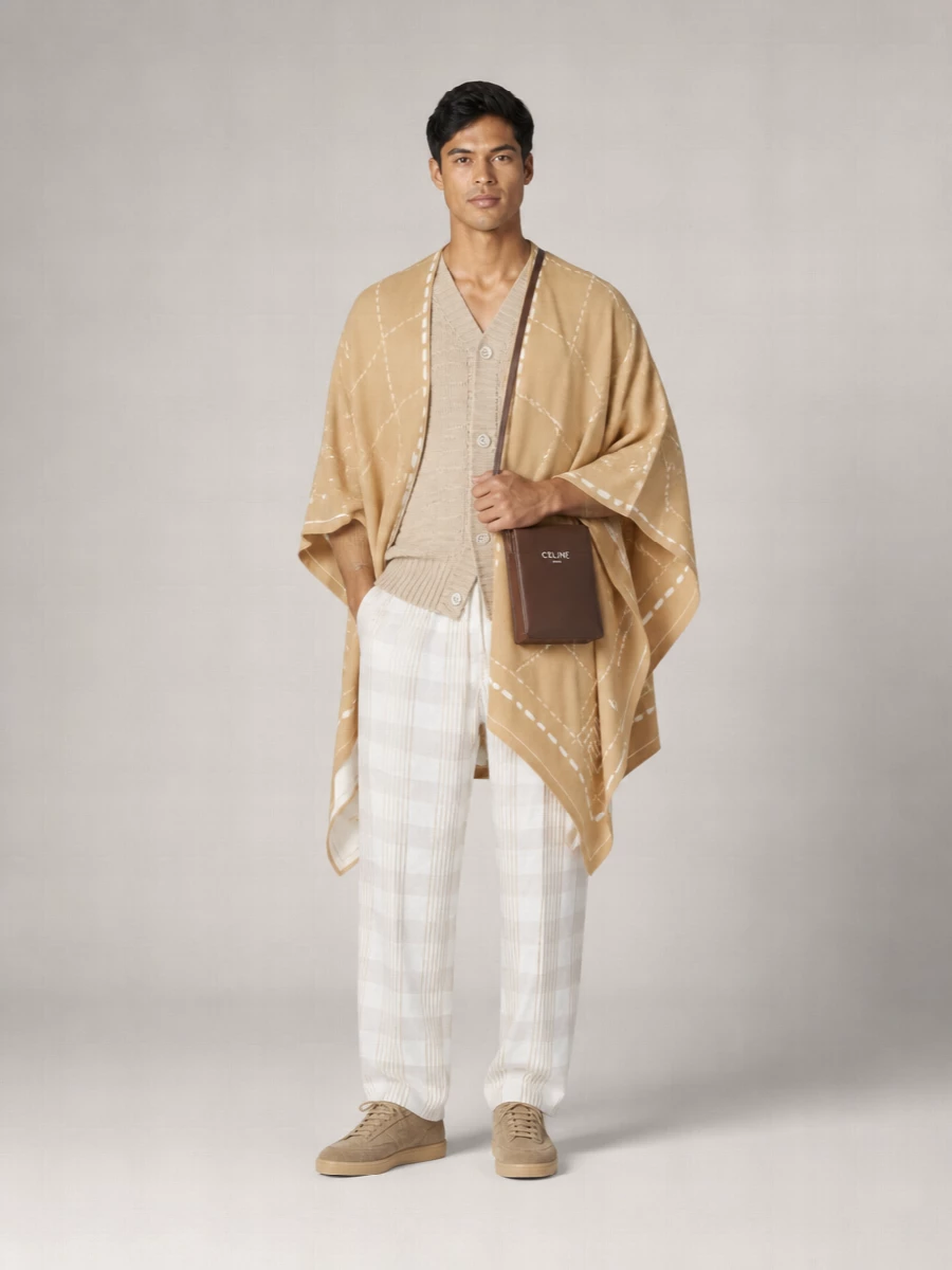 Fendi’s camel poncho sits over sand knit and featherlight checked trousers for a tonal, quietly precise take on warm weather layering. Sand suede sneakers keep the mood relaxed while a slim chocolate crossbody adds a discreet, grounded accent. It is polished enough for city days yet soft and fluid enough for travel and long, unhurried weekends.