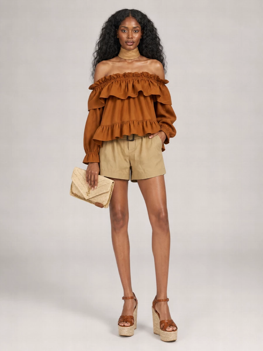 A caramel Saint Laurent mini top meets sand paperbag shorts for a leggy, sun-warm take on boho romance. Tan espadrille wedges and a raffia envelope clutch keep everything cohesive and relaxed, with texture and height instead of extra color. A camel scarf finishes the story in a quietly polished, resort-evening register.