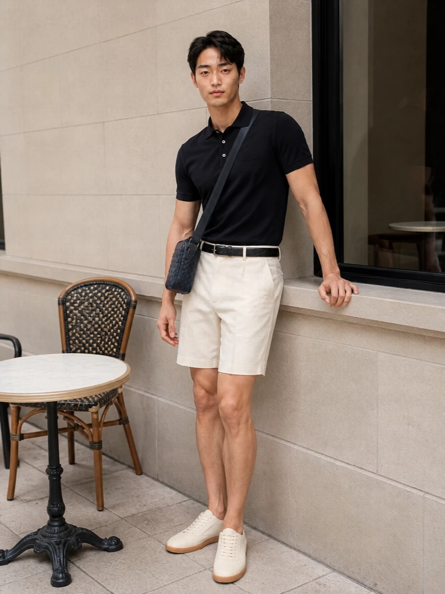 Zegna navy polo ivory shorts smart casual outfit