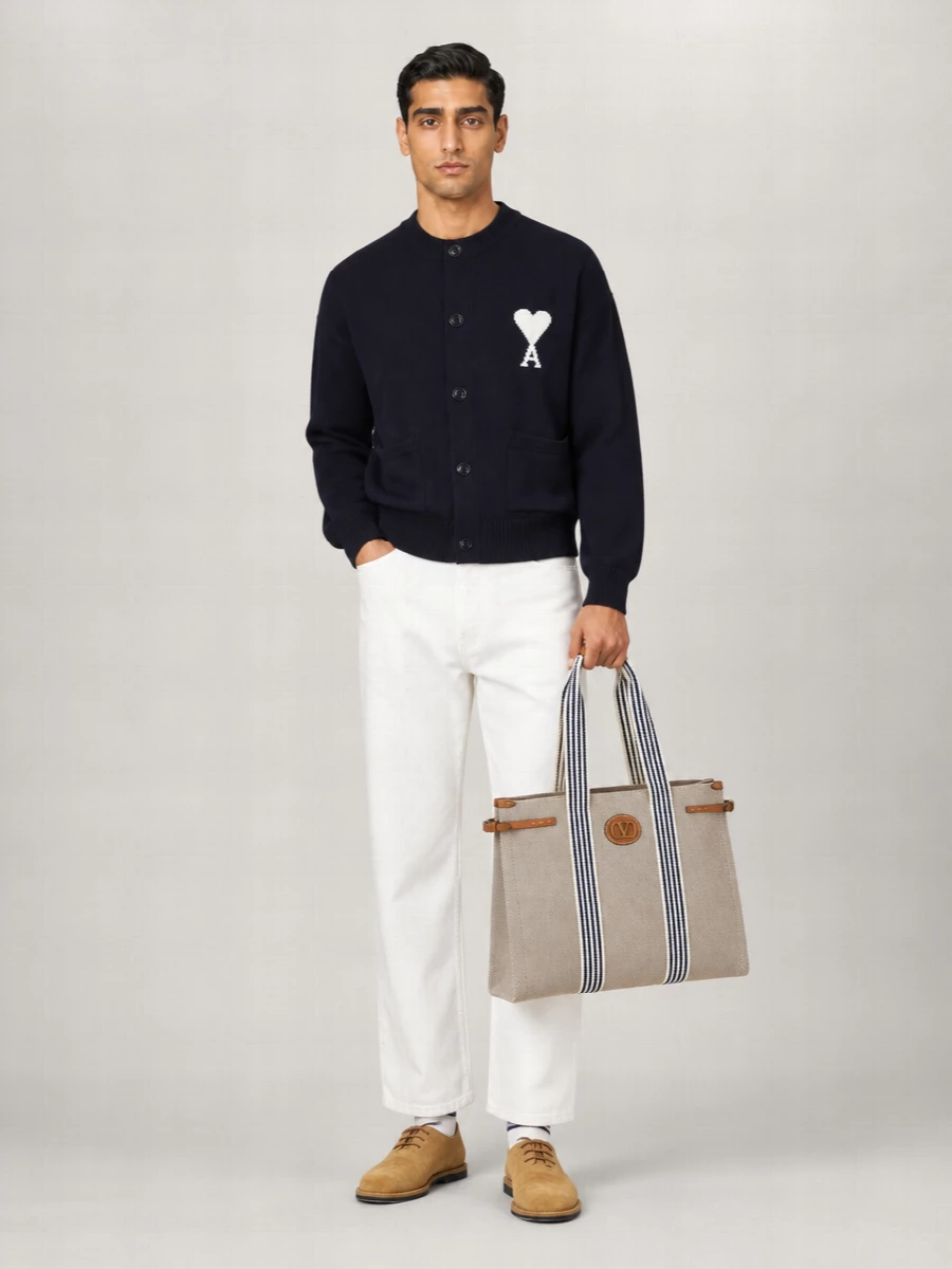 Ami Paris Wool Cotton Relaxed-Fit Ribbed Crewneck Cardigan