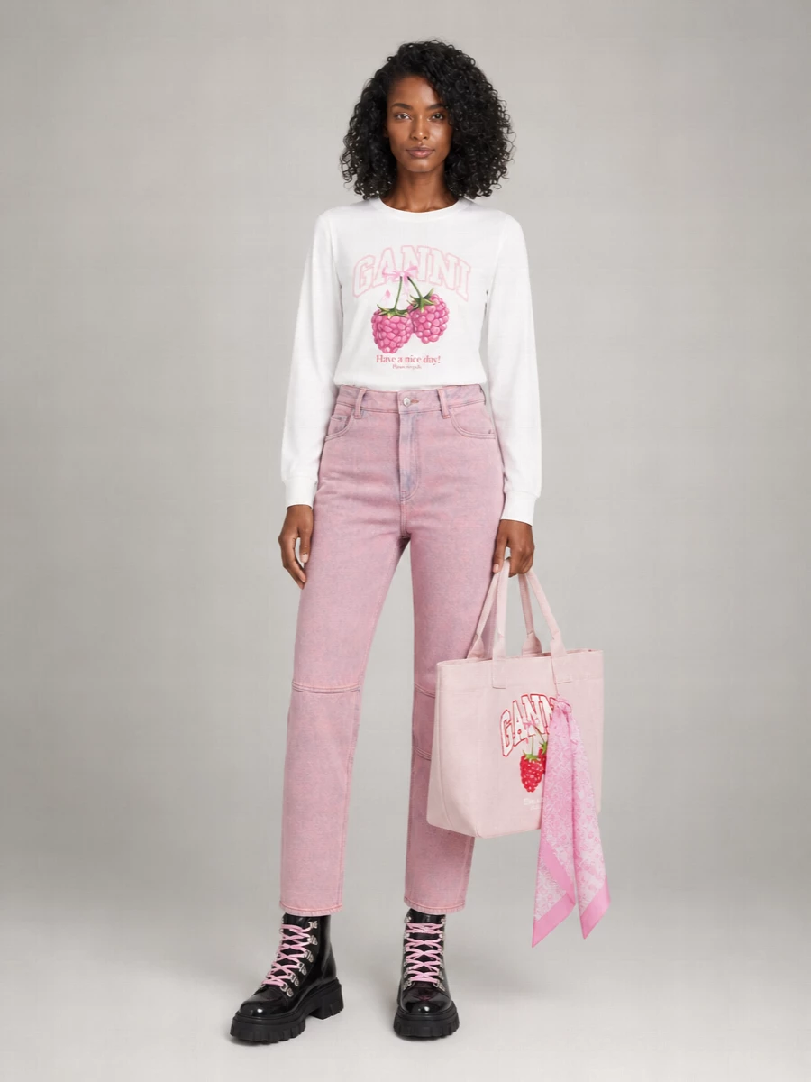 Ganni Oversized Long-Sleeve Raspberry-Print T-Shirt