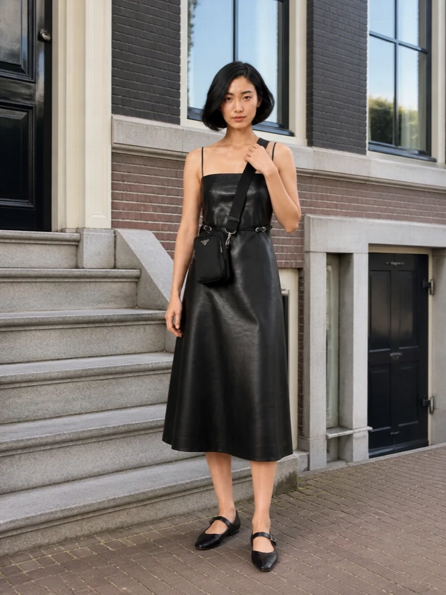 A sharp Givenchy midi and Prada’s compact crossbody create a quietly assertive black-on-black column, with subtle silver hardware tying the pieces together. The Row flats keep the mood minimal and modern, giving the outfit a polished ease that moves cleanly from gallery evenings to late dinners. Choosing the dress route over separates keeps the focus on line and proportion, underscoring the bag’s sleek, vertical presence at the torso.