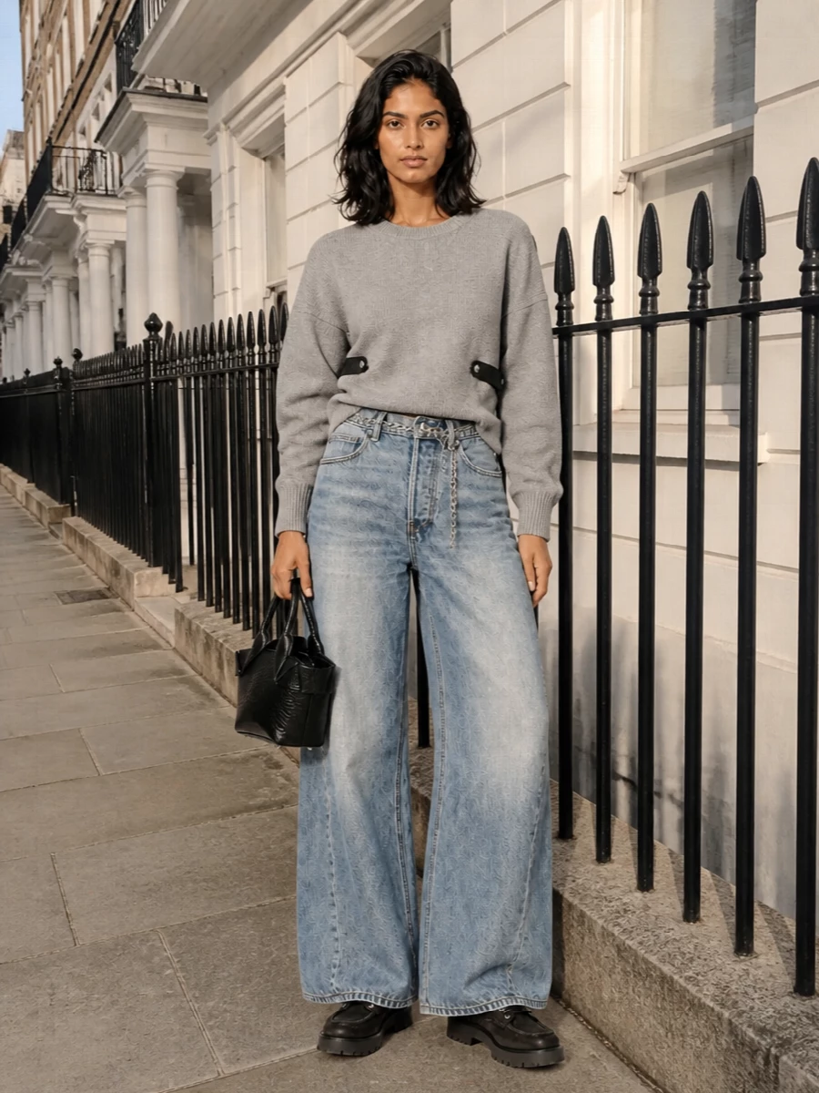 Alexander wang wide leg jeans grey sweatshirt shoes