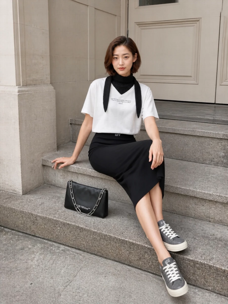 This look builds a monochrome, FW-ready uniform around the Off-White tee, pairing it with a slim black Off-White knit midi skirt for a clean, elongated silhouette that still feels street-led and easy. Charcoal-toned Rick Owens sneakers and the black Off-White chain-strap shoulder bag add texture and hardware for a quiet statement, while the bandana-style knit at the neck gives just enough winter structure without disturbing the minimal lines.