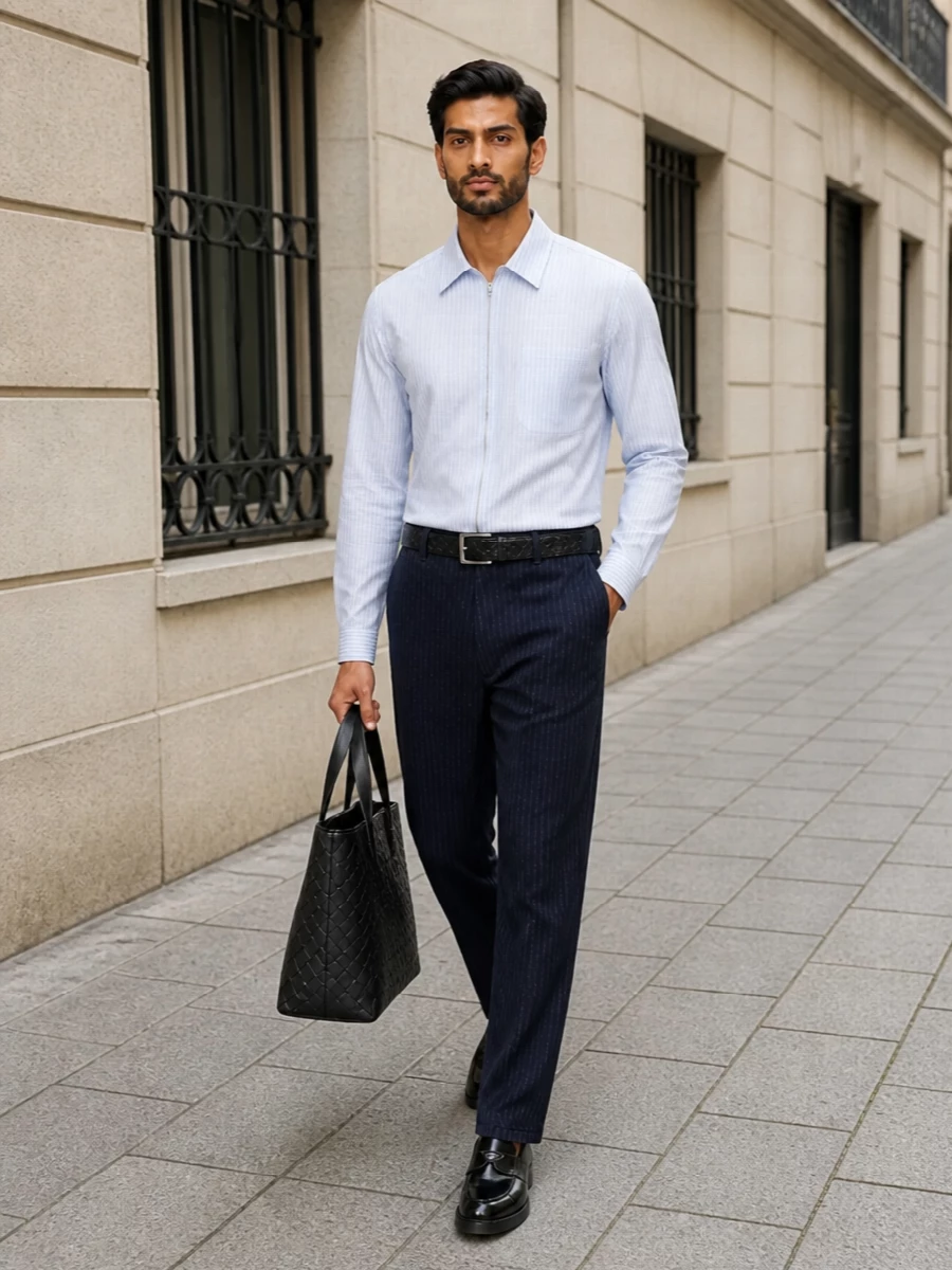 Ink pinstriped Prada trousers are paired with a blue-and-white zip-front striped shirt, creating a refined, subtly graphic play on vertical lines in a cool SS palette. Glossy black penny loafers keep the silhouette sharp and elongated, while a woven black Bottega tote and textured black belt finish the look with understated, artisanal depth. The result is modern city tailoring that moves effortlessly from daytime meetings to discreet evening plans.