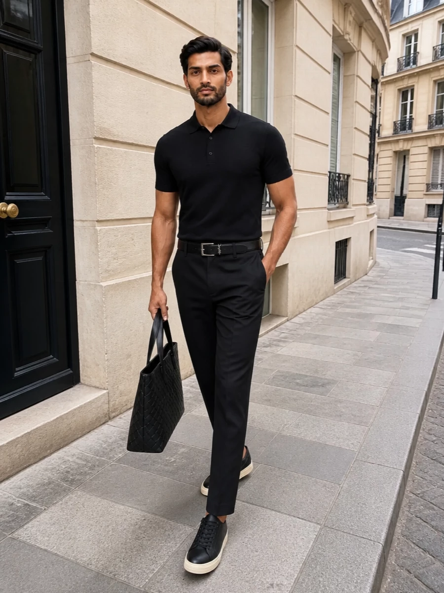 The black knit polo is paired with slim tailored black trousers for a clean, elongated silhouette that feels precise yet relaxed. Streamlined black leather sneakers and a woven Bottega tote keep the look modern and functional, while a slim Saint Laurent belt adds just enough structure and polish. It’s a monochrome SS uniform that moves effortlessly from daytime meetings to low-lit dinners with understated confidence.