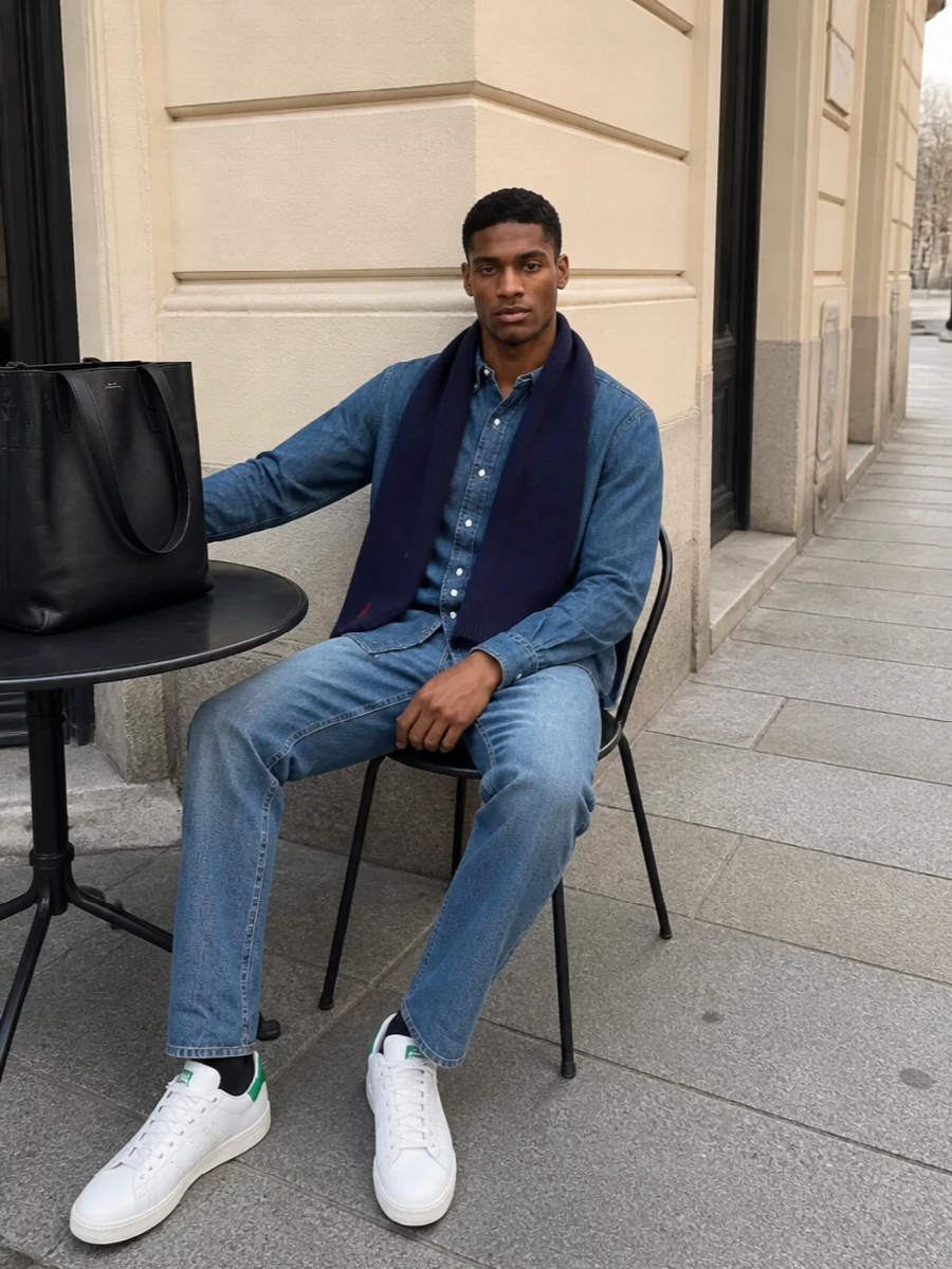 Polo denim shirt jeans stan smith sneakers