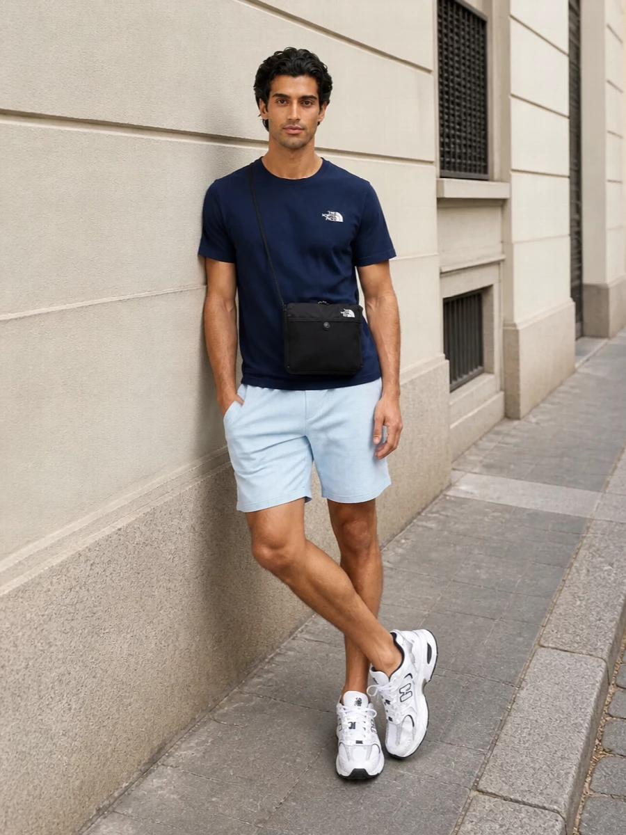 Navy on top with pale ice-blue below gives a clean, quiet contrast that still feels properly sporty for warm days. The white-and-navy runners echo the tee, tying the color story together while adding just enough street energy. A compact black crossbody finishes it with practical, technical edge without disrupting the soft, minimal palette.