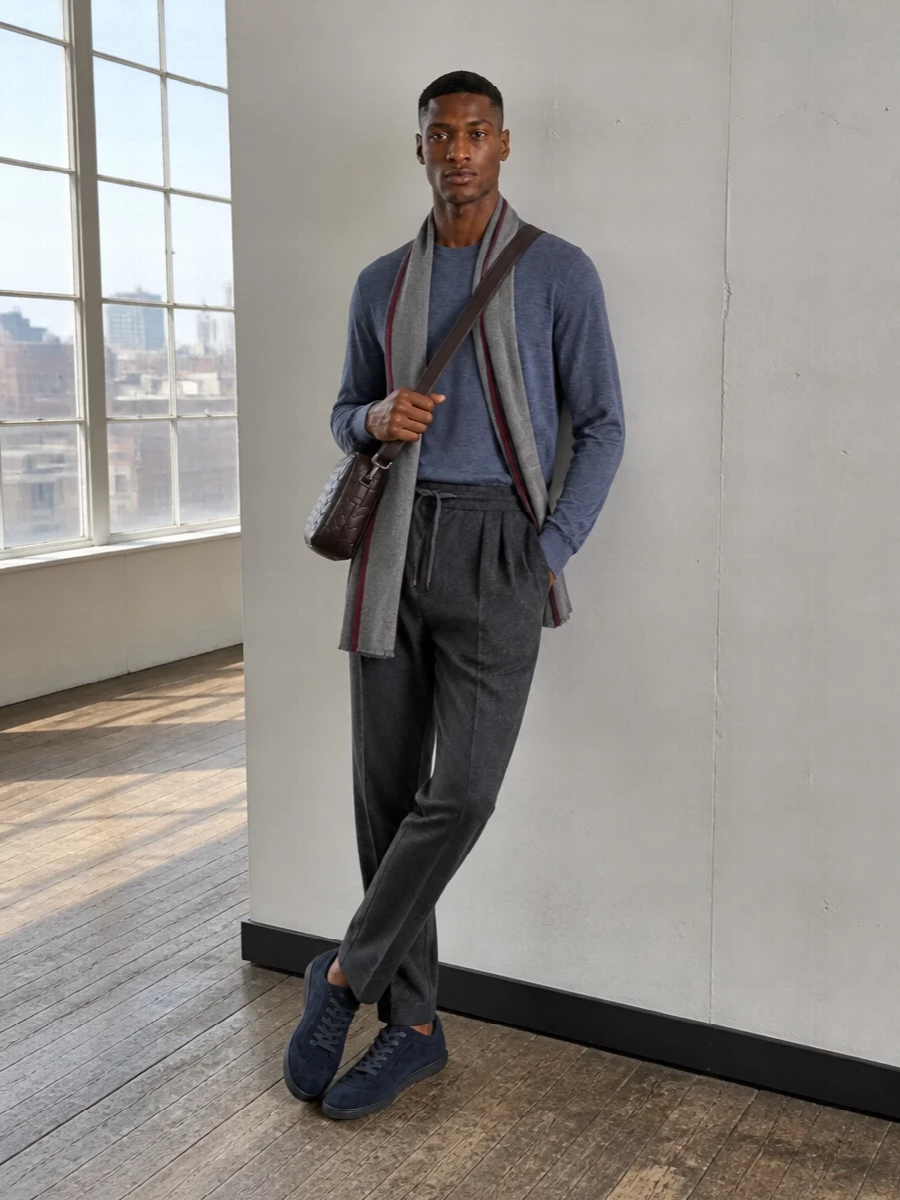 Slate blue knit and charcoal drawstring trousers create a calm, tonal base that feels as appropriate in a discreet office as it does at an understated dinner. Navy suede sneakers keep things relaxed but considered, while the espresso woven crossbody and slate-toned scarf add quiet depth and texture without disturbing the restrained palette.