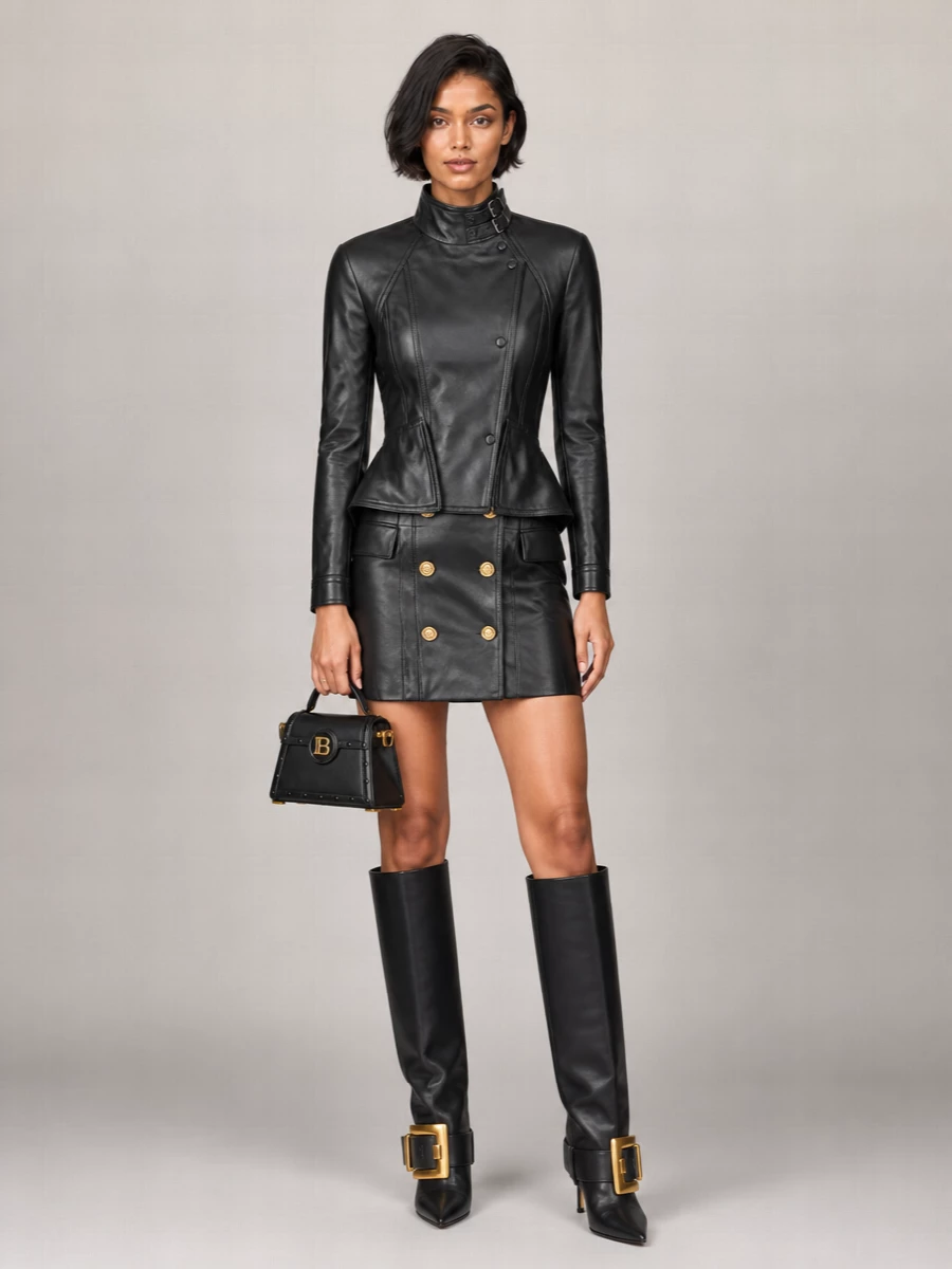 Balmain Leather Asymmetric Peplum High Neck Jacket