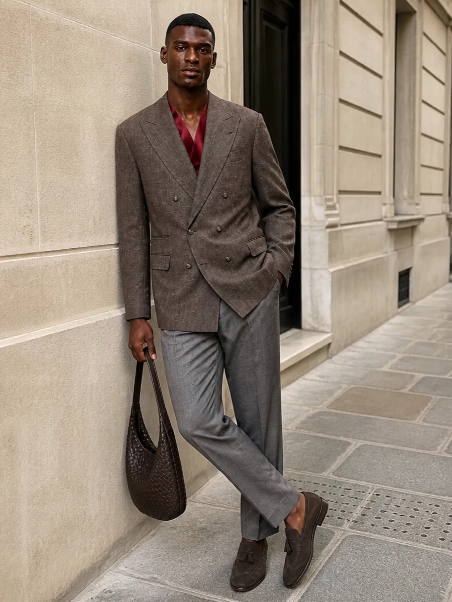 Brunello cucinelli taupe coat grey pleated trousers