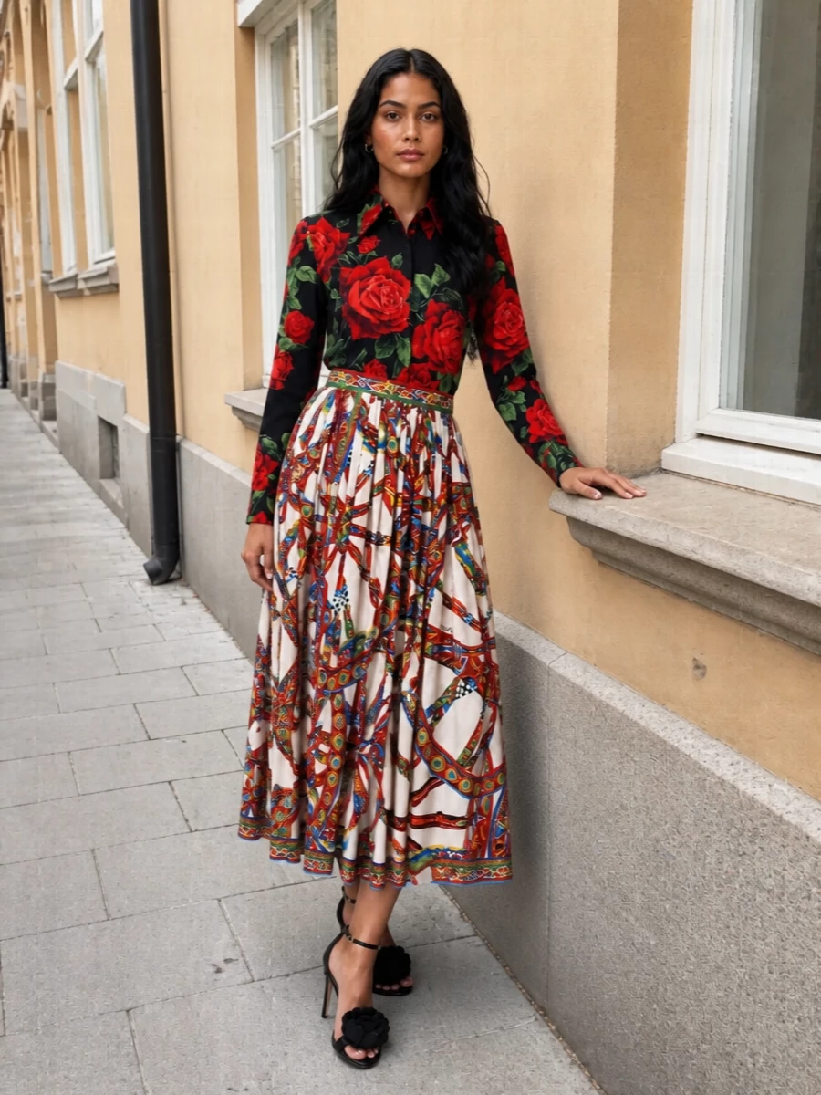 Dolce gabbana cart skirt black rose shirt