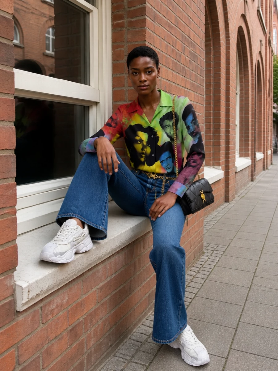 Versace portrait shirt flared jeans sneakers