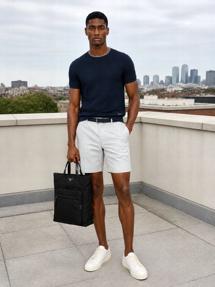 Prada navy knit grey tailored shorts sneakers