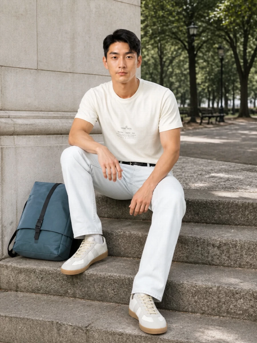 Stone island white jeans margiela sneakers outfit