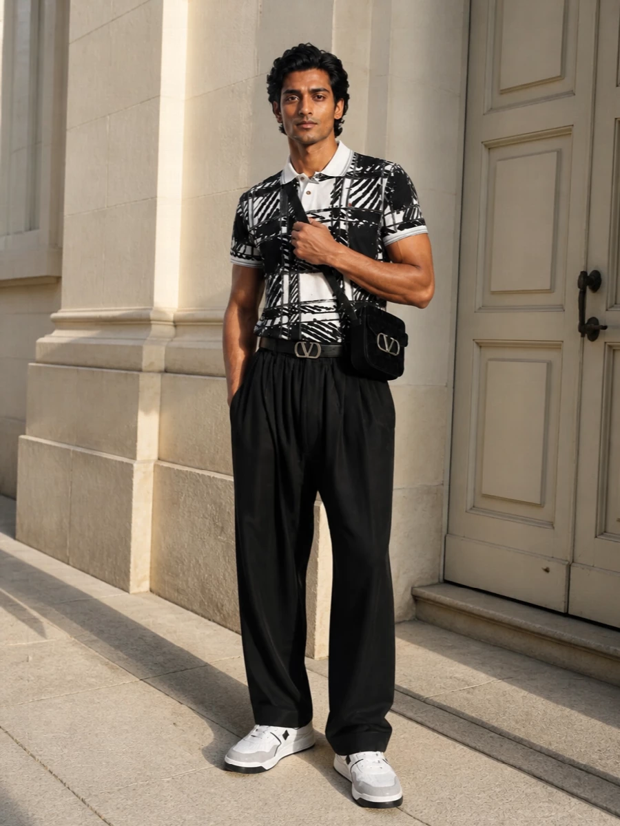 A graphic Vivienne Westwood polo sits over relaxed black wide-leg trousers for a monochrome streetwear take that still feels sharp. Chunky Valentino sneakers and a compact crossbody keep the lines clean but assertive. A sleek logo belt finishes the mix of irreverent print and structured details with a subtle hit of polish.