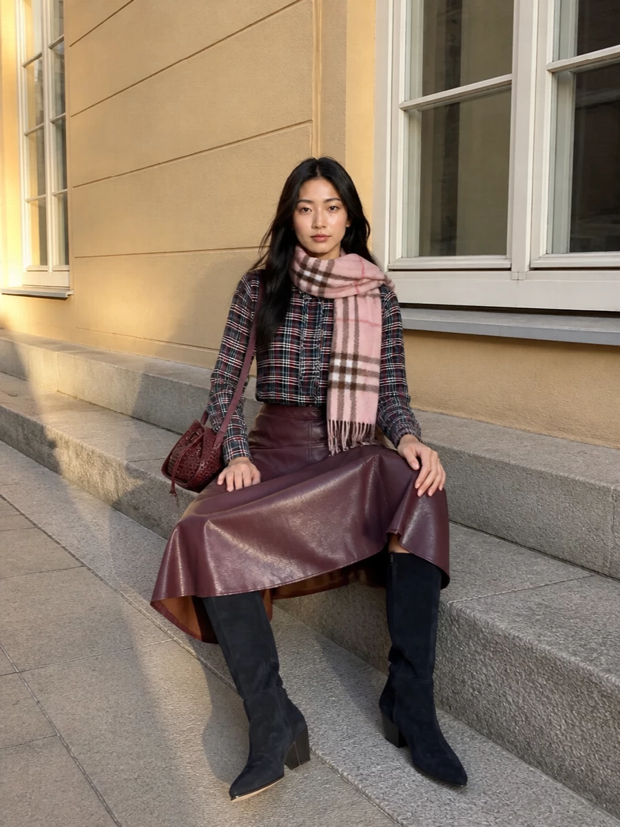 Forte forte plaid shirt plum midi outfit