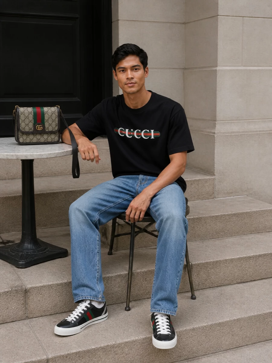 This is Gucci streetwear dialed into a tight palette: black, cream and house web stripes running from sneakers through tee and bag. The relaxed straight blue denim softens the branding, giving the outfit a laid back, skate‑adjacent attitude that still feels considered. It is the kind of off duty uniform that moves easily from weekend city laps to casual dinners without needing a change of pieces.