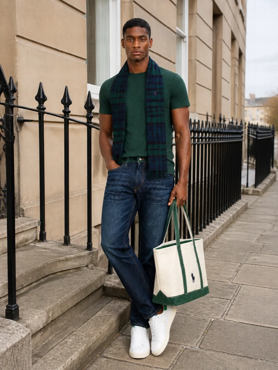 Polo ralph lauren green tee dark jeans outfit