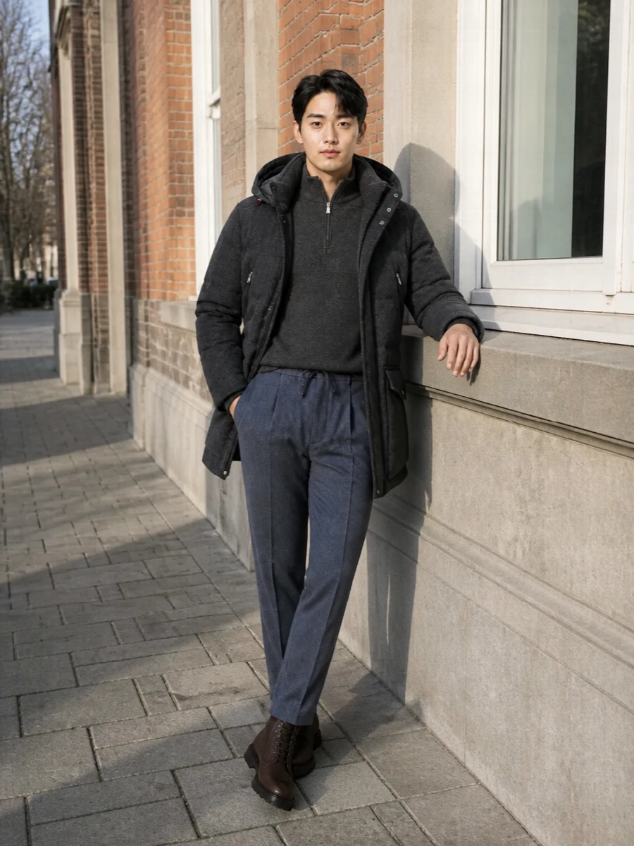 Brunello cucinelli parka drawstring trousers boots
