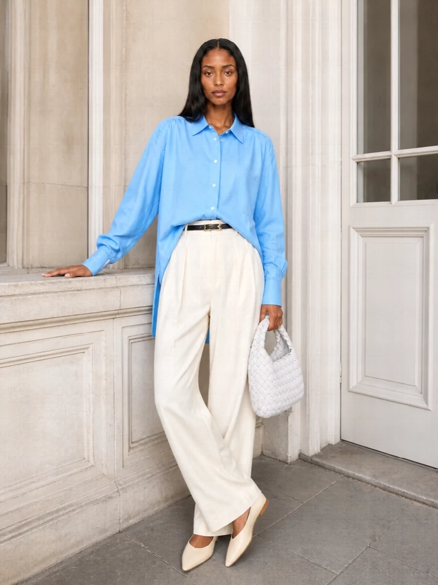Bottega veneta blue shirt cream wide leg trousers