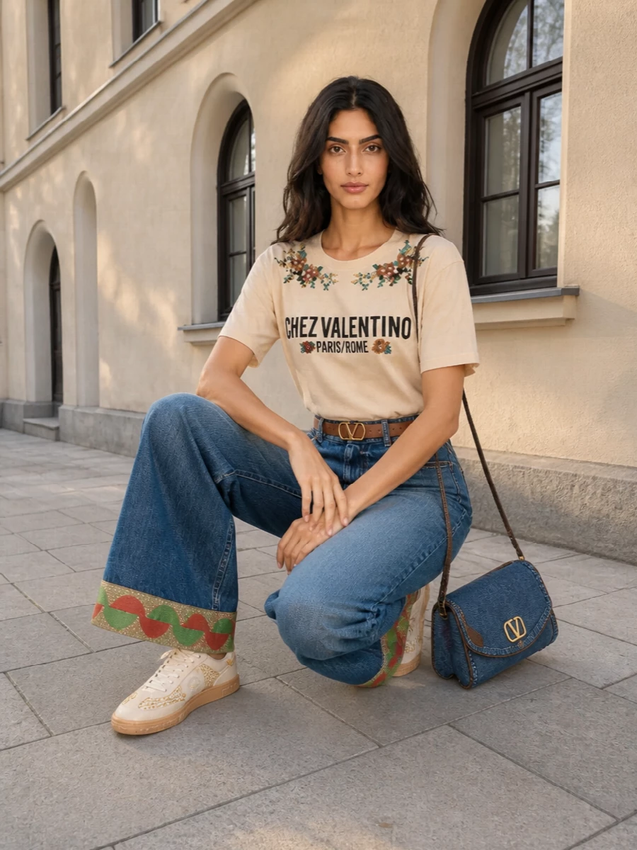 Valentino wide leg jeans embellished tee outfit
