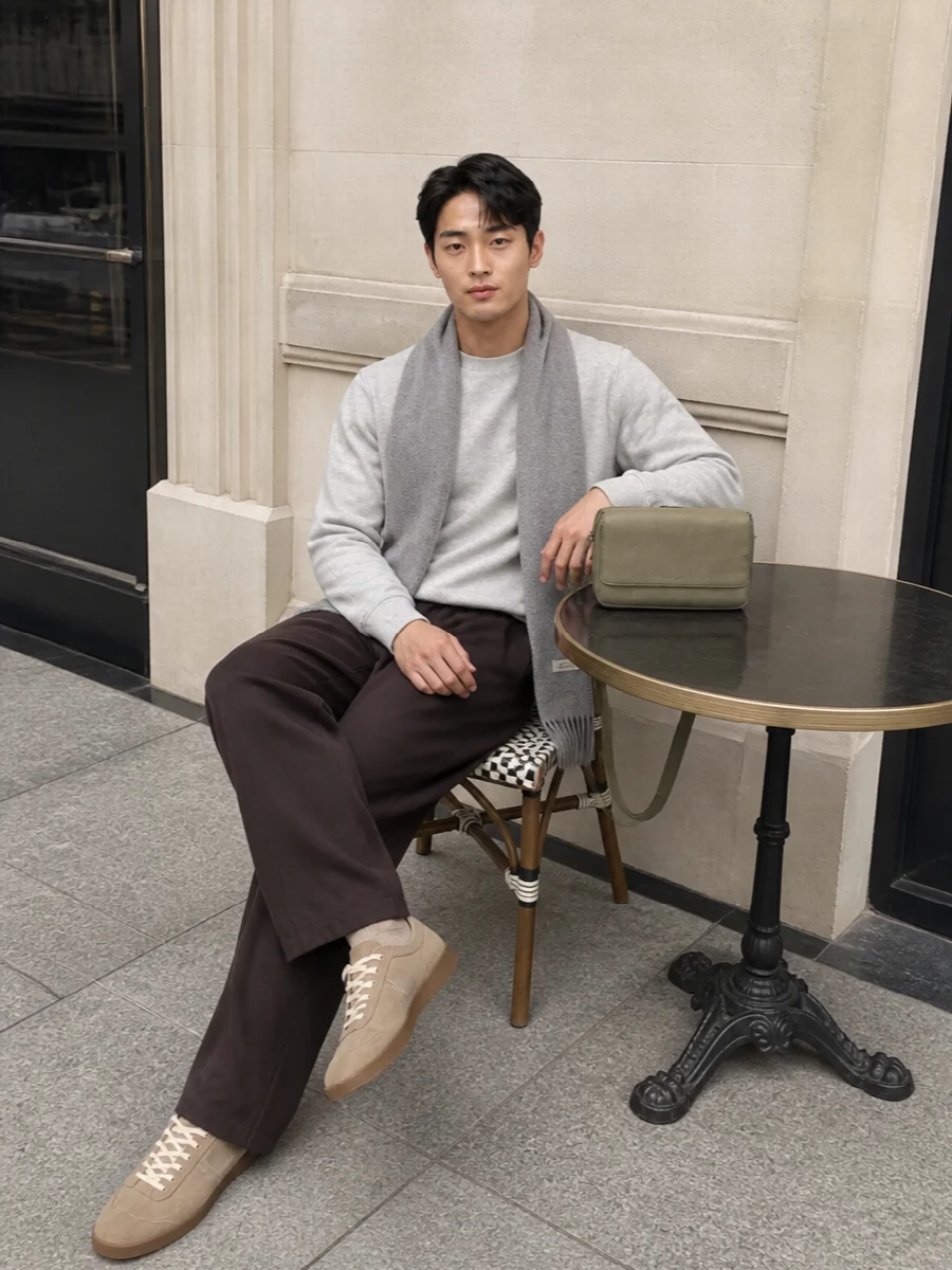 Jacquemus grey sweatshirt brown trousers outfit