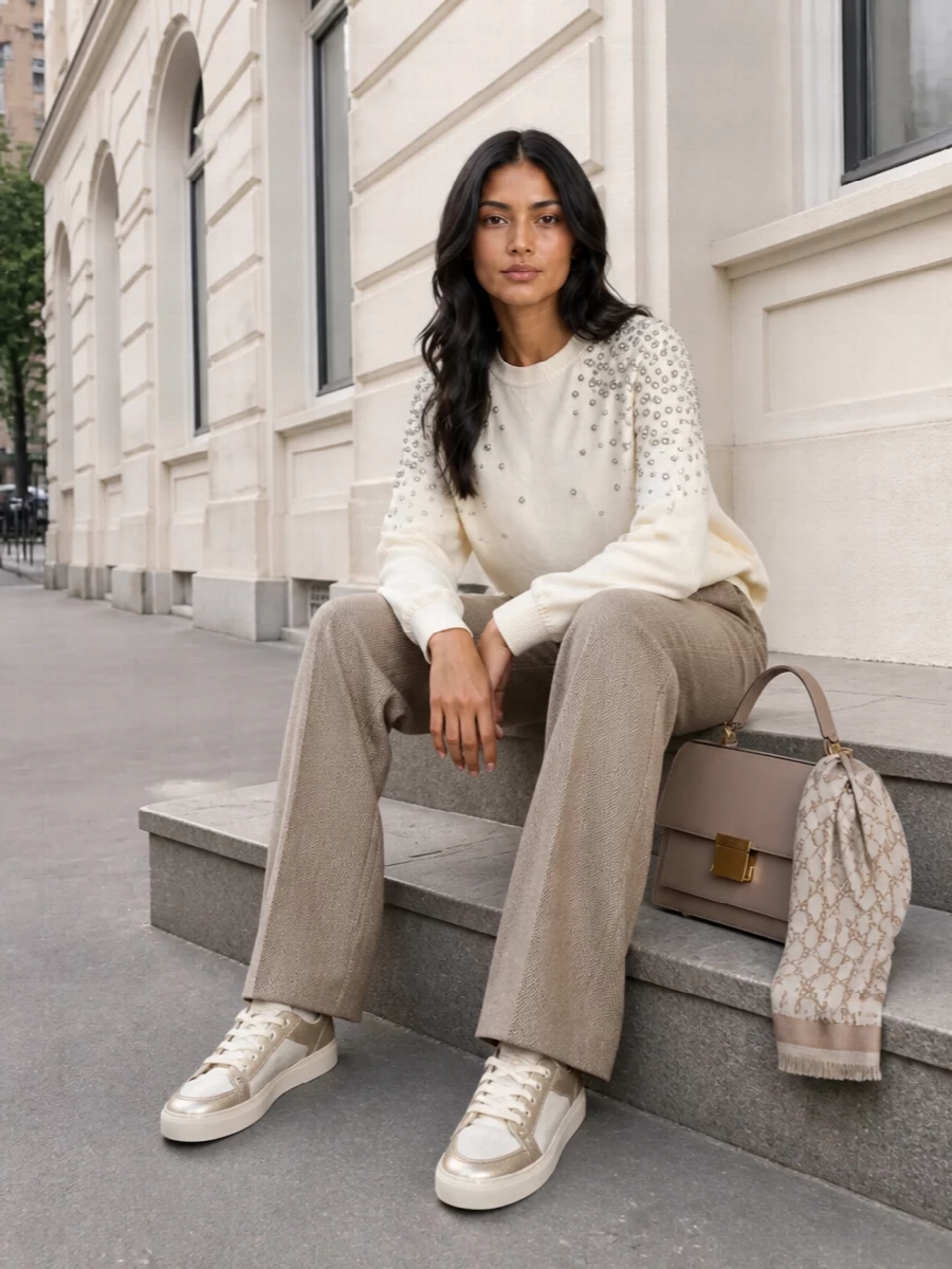 Golden goose crystal sweater taupe tailored trousers