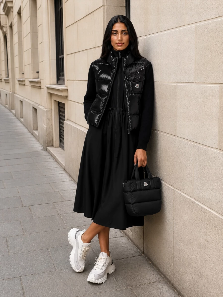 This look builds a monochrome, sport-luxe column with the black technical midi dress under the cropped hybrid puffer-cardigan, letting the outerwear’s glossy quilting be the statement. Chunky cream-and-black runners lighten the palette just enough, while the compact padded black tote finishes the outfit with a cohesive Moncler puff motif that feels elevated yet easy for city winters and alpine weekends alike. I chose the dress route over separates to keep the silhouette clean and elongated beneath the cropped jacket, avoiding any break at the waist or competing proportions.