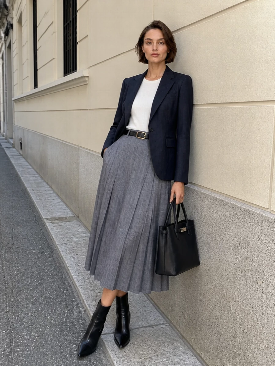 Junya watanabe grey check midi skirt blazer outfit