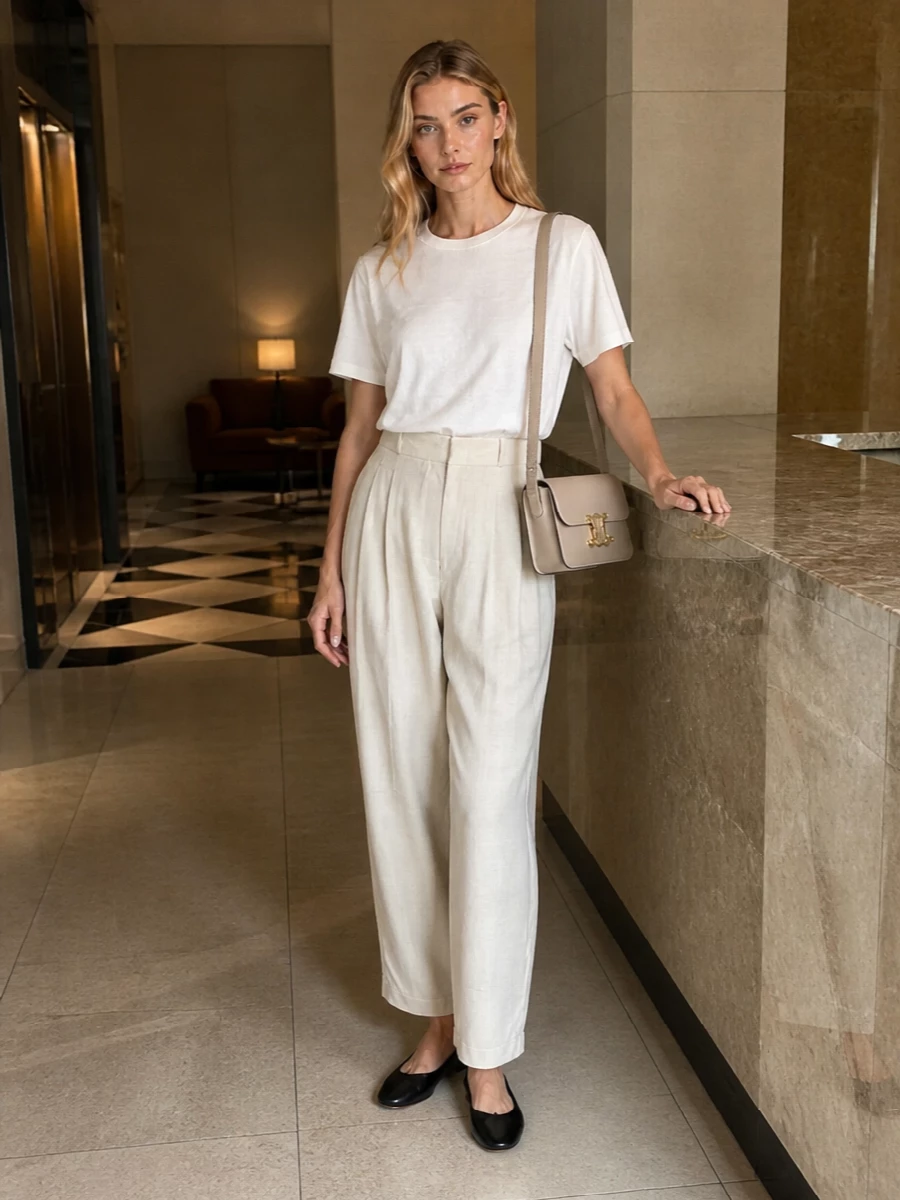 This look leans into The Row’s serene minimalism with a soft-white boxy tee tucked into pleated ivory wide-leg trousers, creating a tonal, elongated silhouette that feels effortless yet intentionally refined. Black ballerina flats anchor the lightness with a subtle graphic contrast, while a structured beige Celine shoulder bag adds a precise, polished note to finish the ensemble. It’s a quietly luxurious SS uniform that moves easily from daytime appointments to understated evenings.