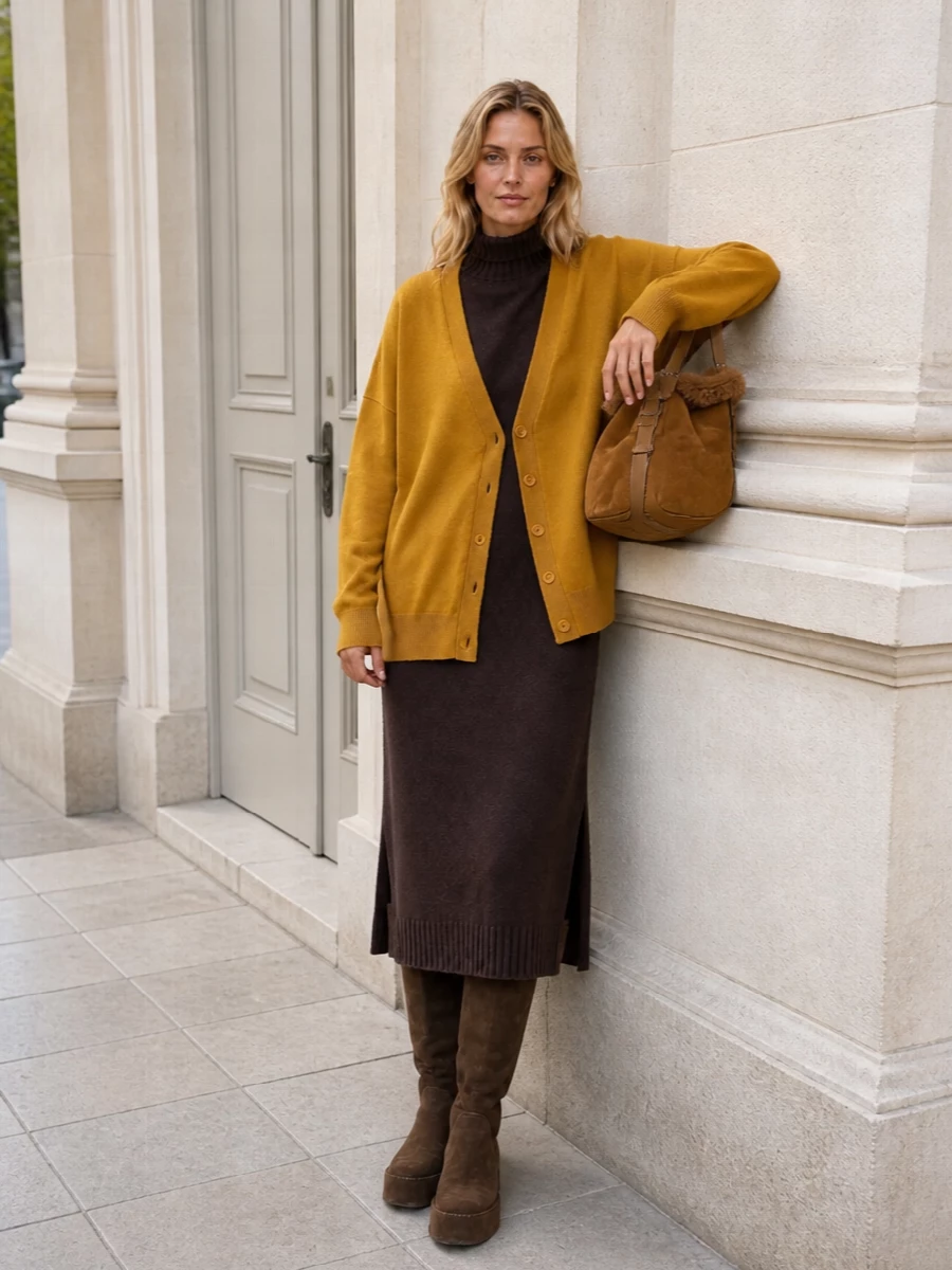 Max mara knit dress casadei boots mustard cardigan
