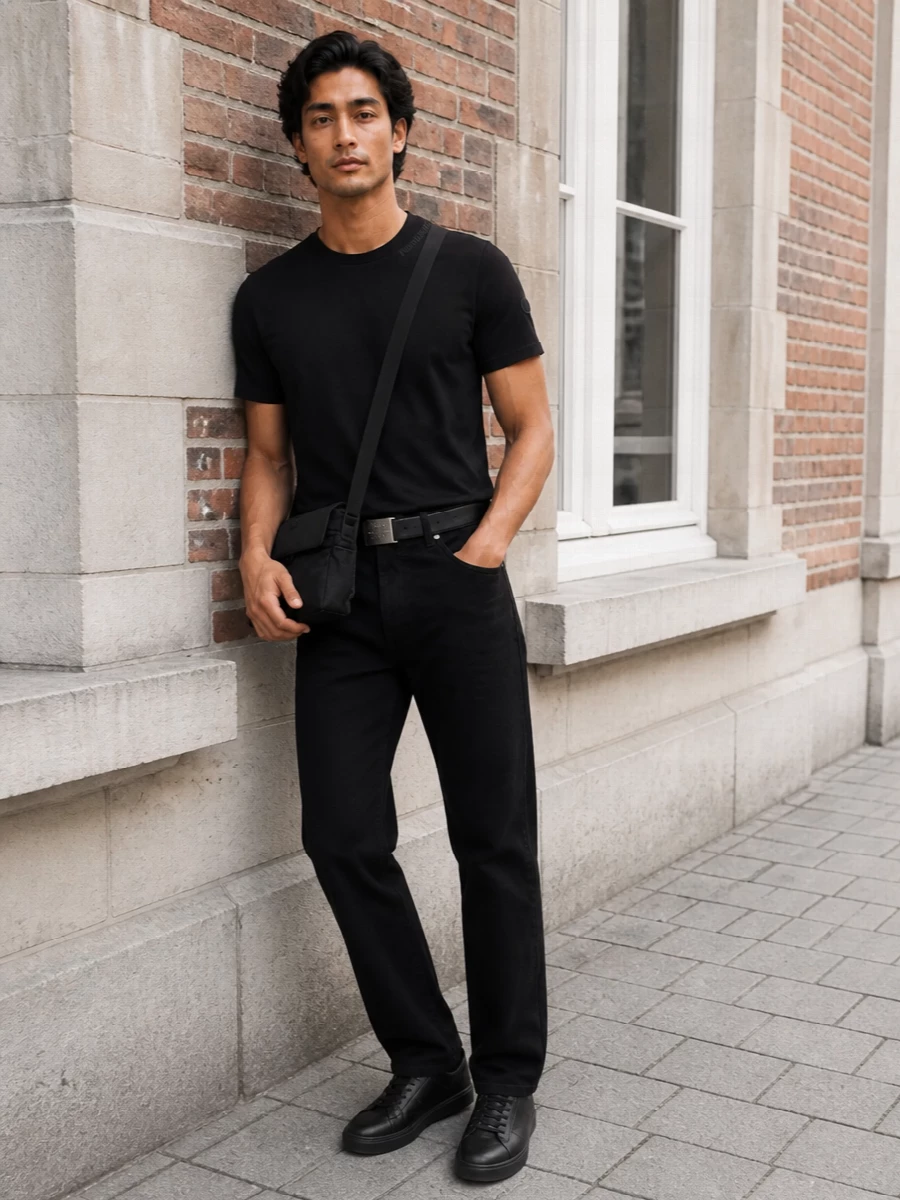 Moncler black tshirt black jeans sneakers