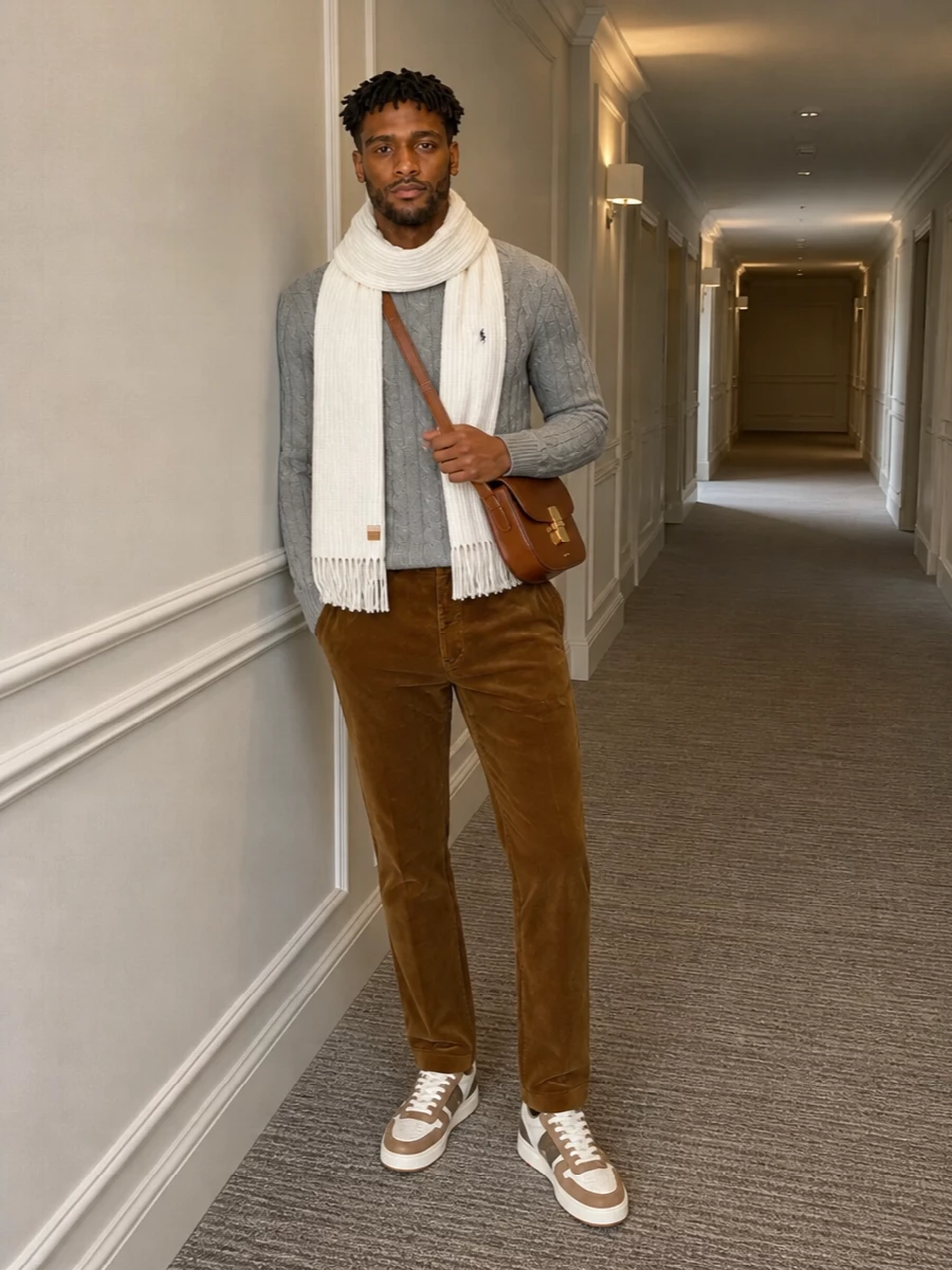A heather grey cable knit meets caramel corduroy for a polished, collegiate take on casual autumn days. Cream and tobacco sneakers and a cognac crossbody keep the palette warm and cohesive, with a cream ribbed scarf adding light and softness. The result is relaxed but considered, ideal for city weekends where comfort still needs to read quietly refined.