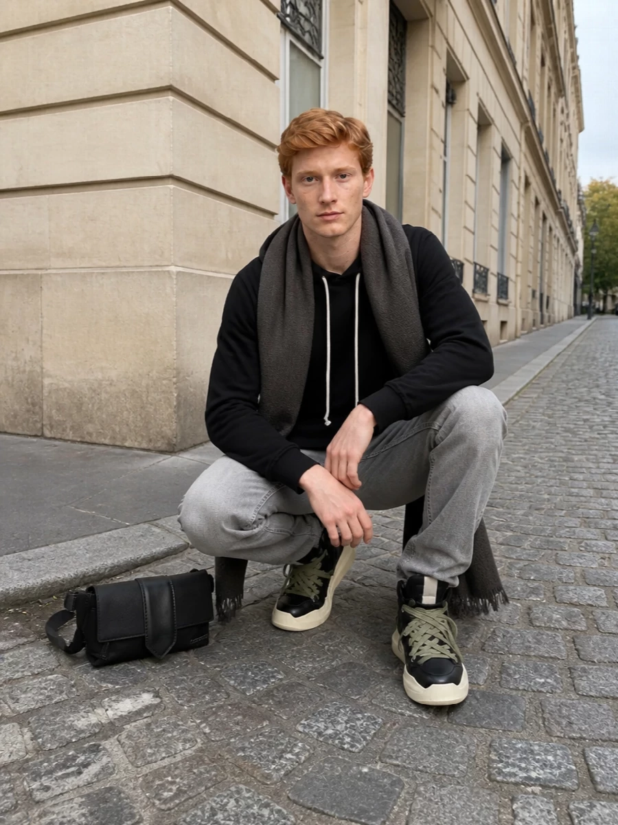 Washed ghost grey denim meets a long, black Rick style hoodie for a clean, dystopian street uniform. Chunky high tops echo the contrast drawstrings and ground the straight leg in brutalist volume, while a low profile belt bag and soft scarf keep it functional and winter ready without diluting the minimal mood.