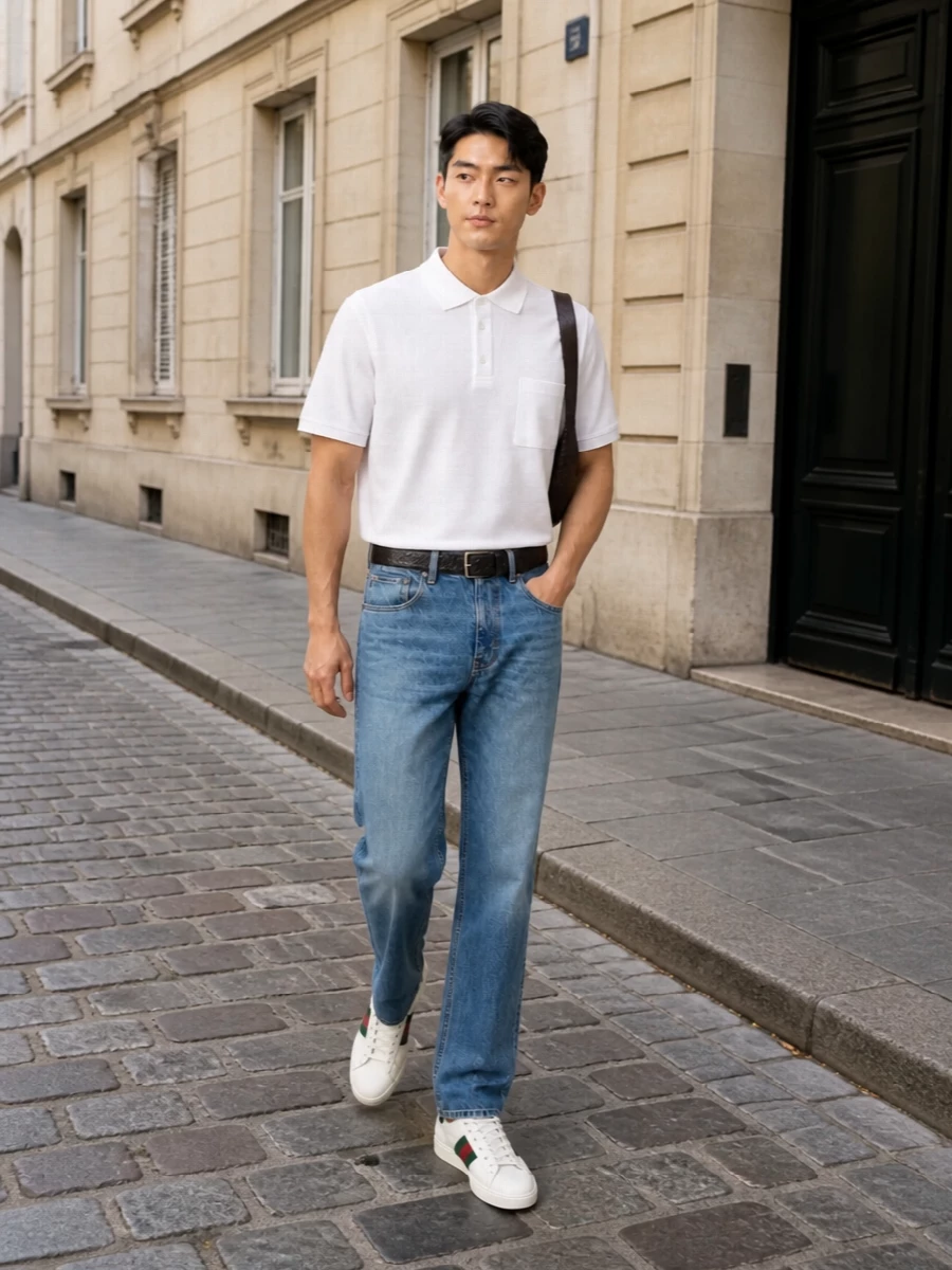 Gucci straight leg jeans white polo outfit