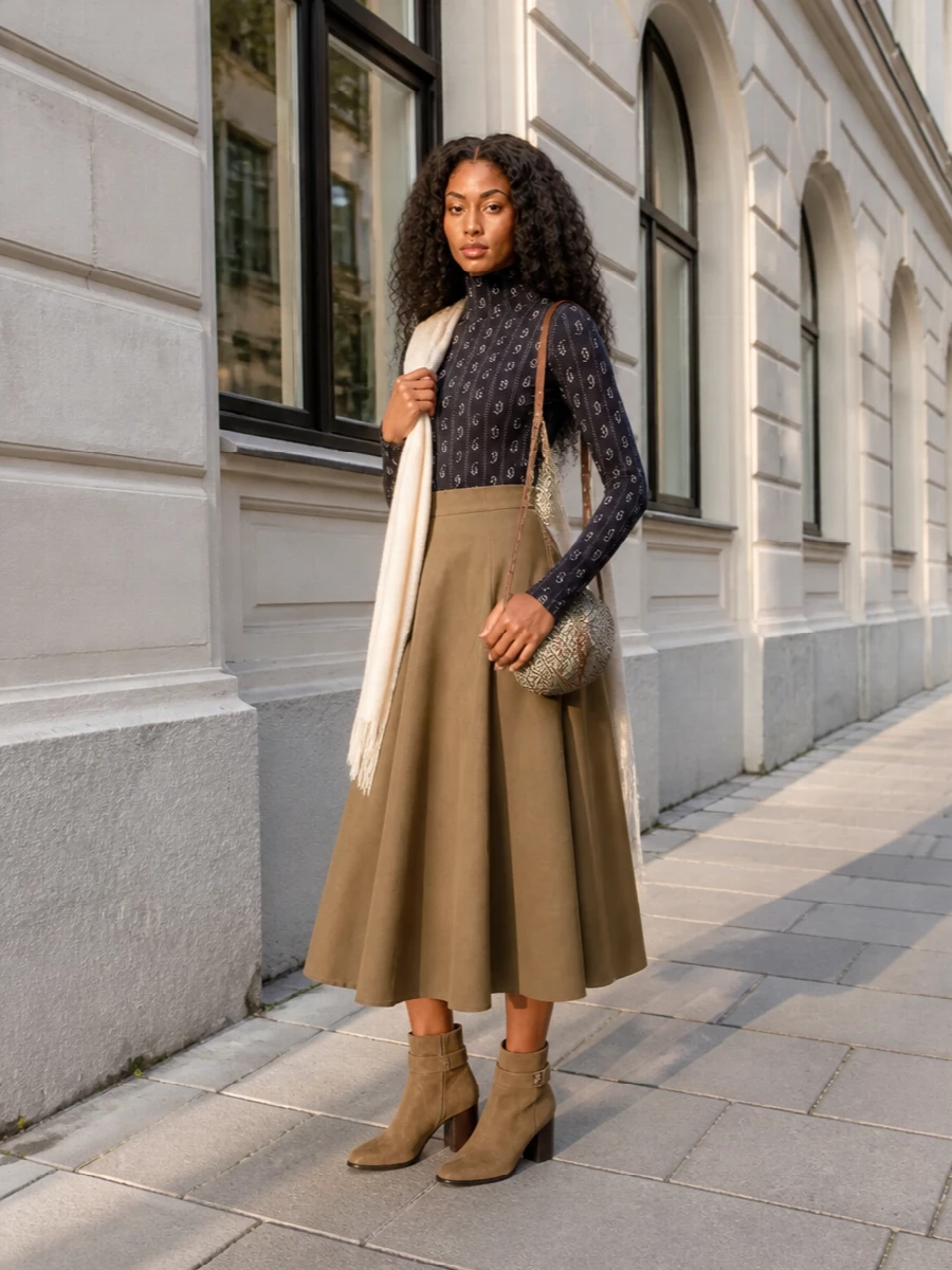 Tory burch navy mock neck camel midi outfit